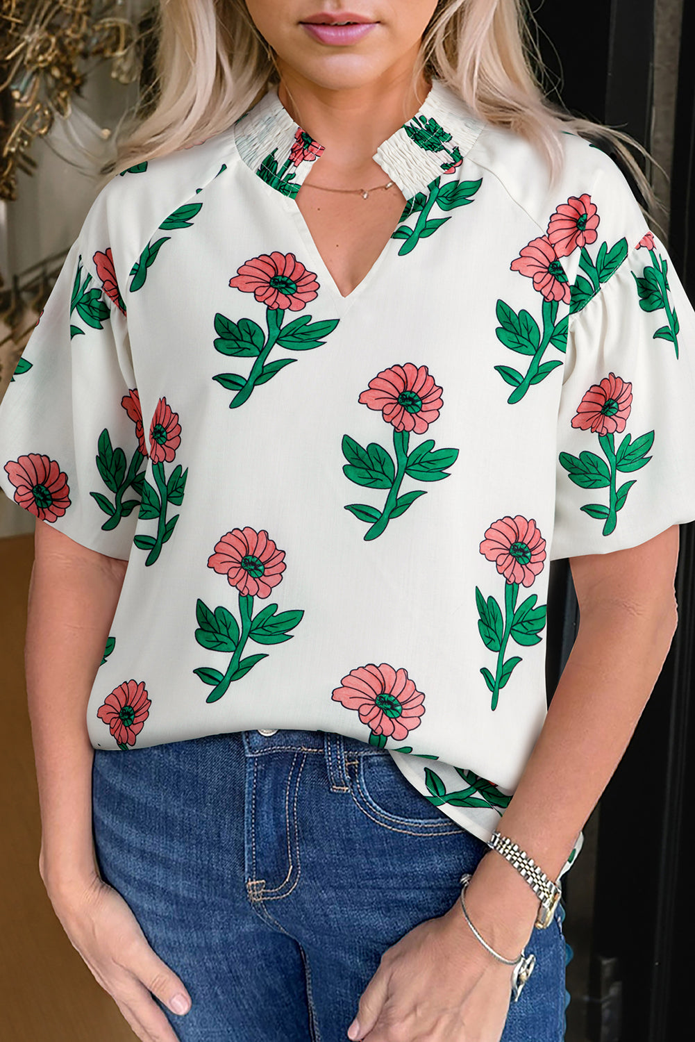 Beige Floral Print Shirred Split Neck Short Sleeve Blouse