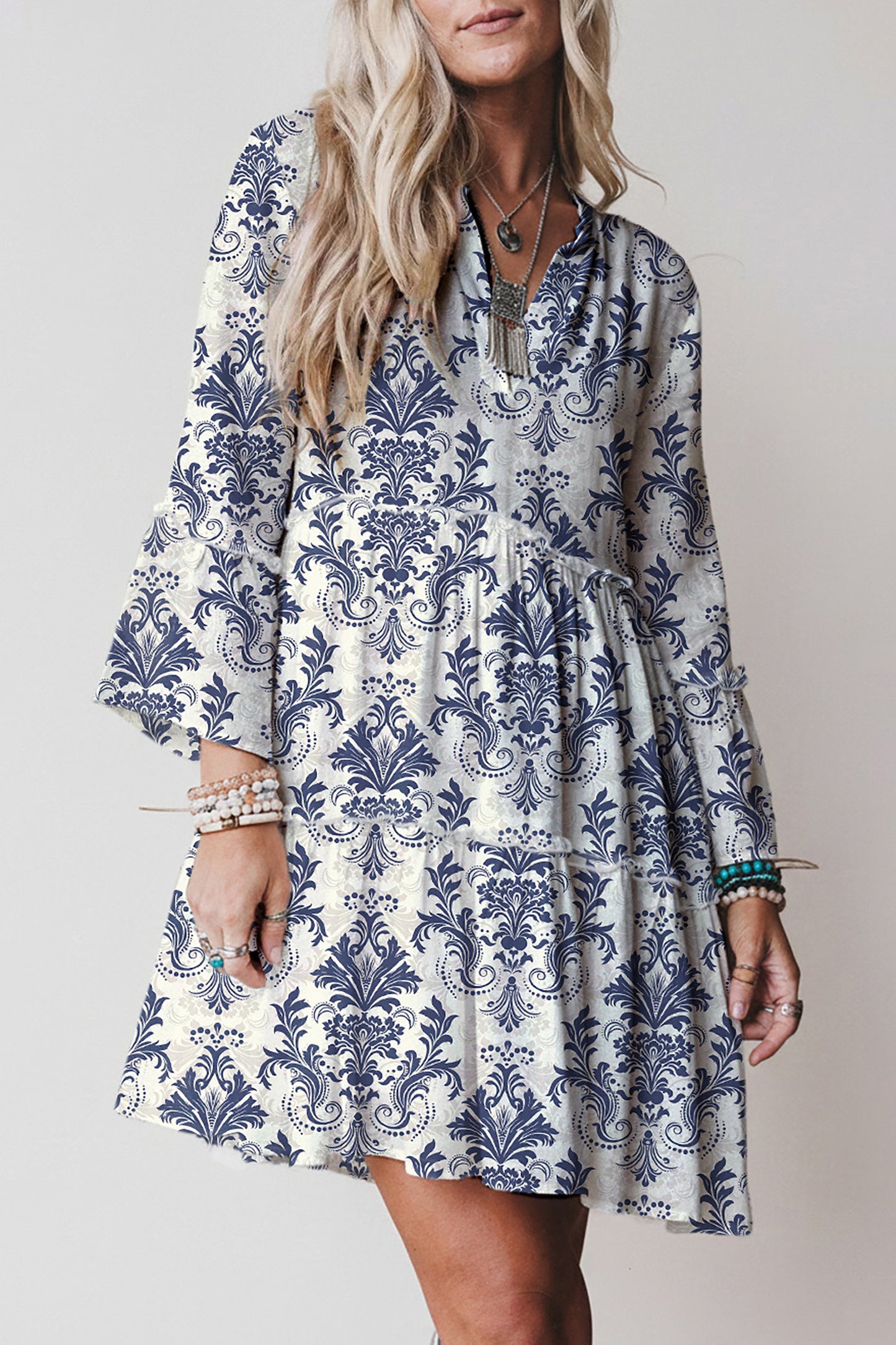 Sky Blue Boho Floral Print Lettuce Trim 3/4 Sleeve Mini Dress