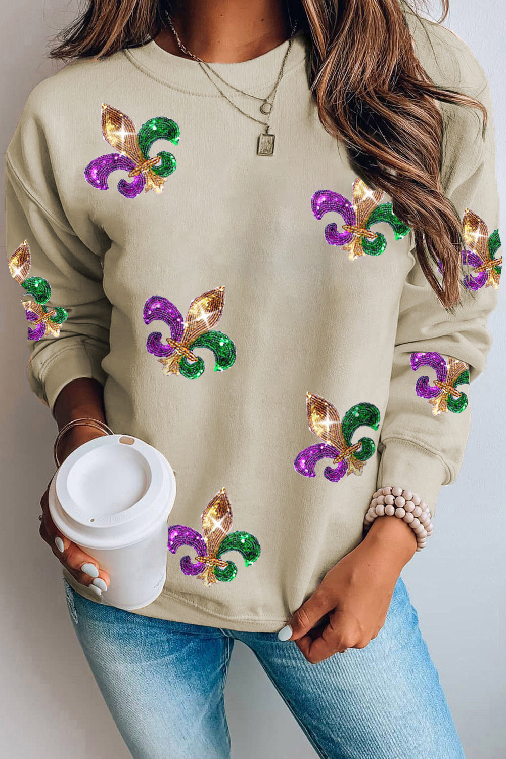 White Sequin Mardi Gras Graphic Pullover Sweatshirt