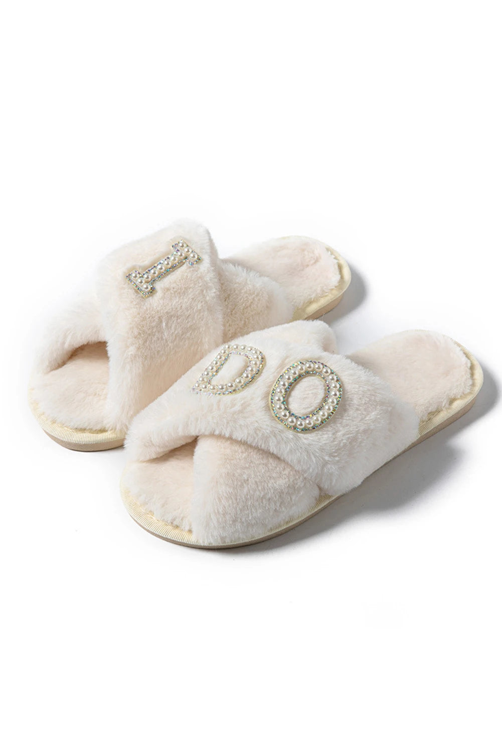White I DO Pearl Letter Design Cross Band Plush Slippers