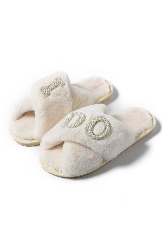 White I DO Pearl Letter Design Cross Band Plush Slippers