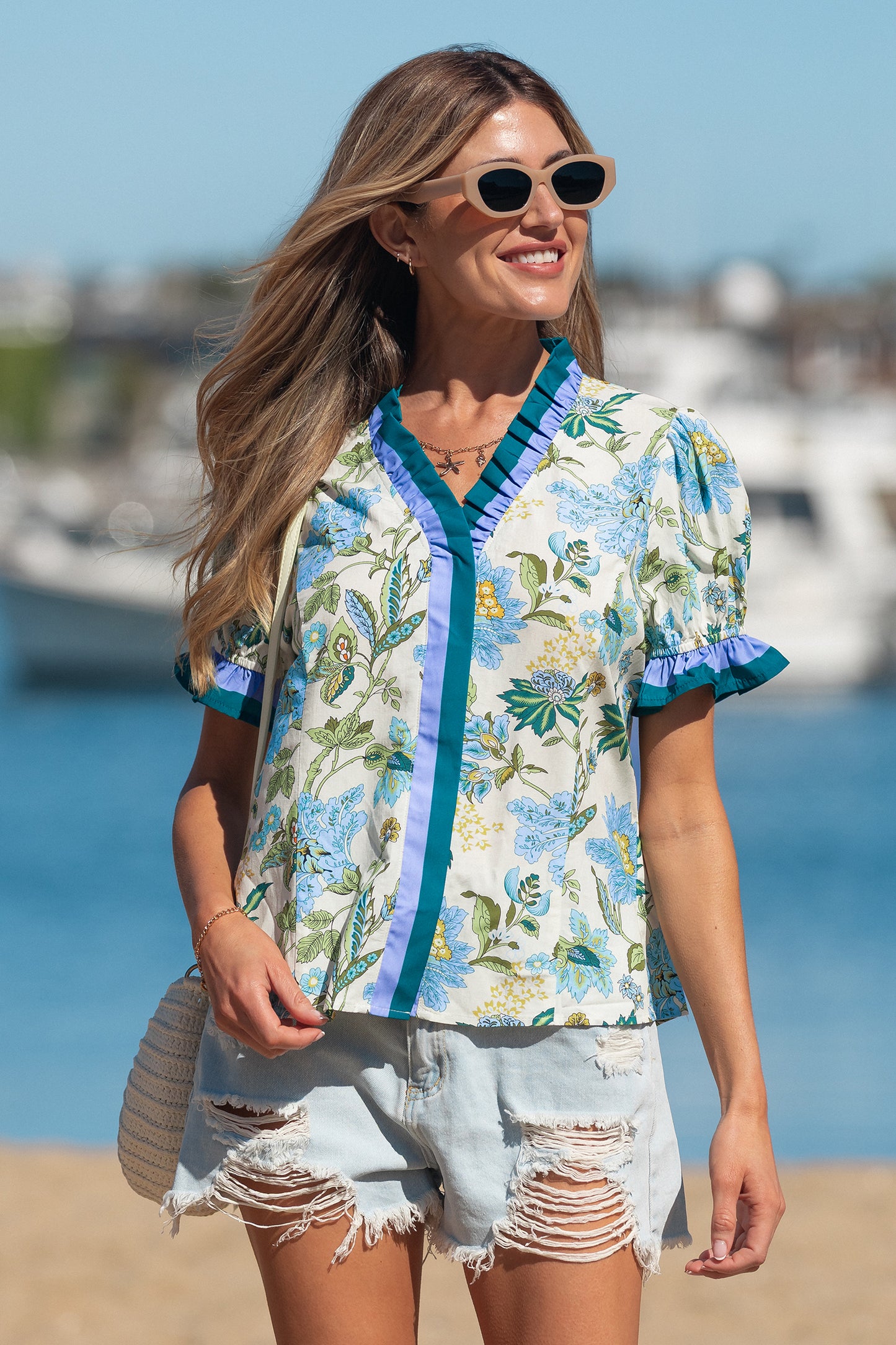 Beige Floral Print Contrasted Frilled Striped Trim Short Sleeve Blouse