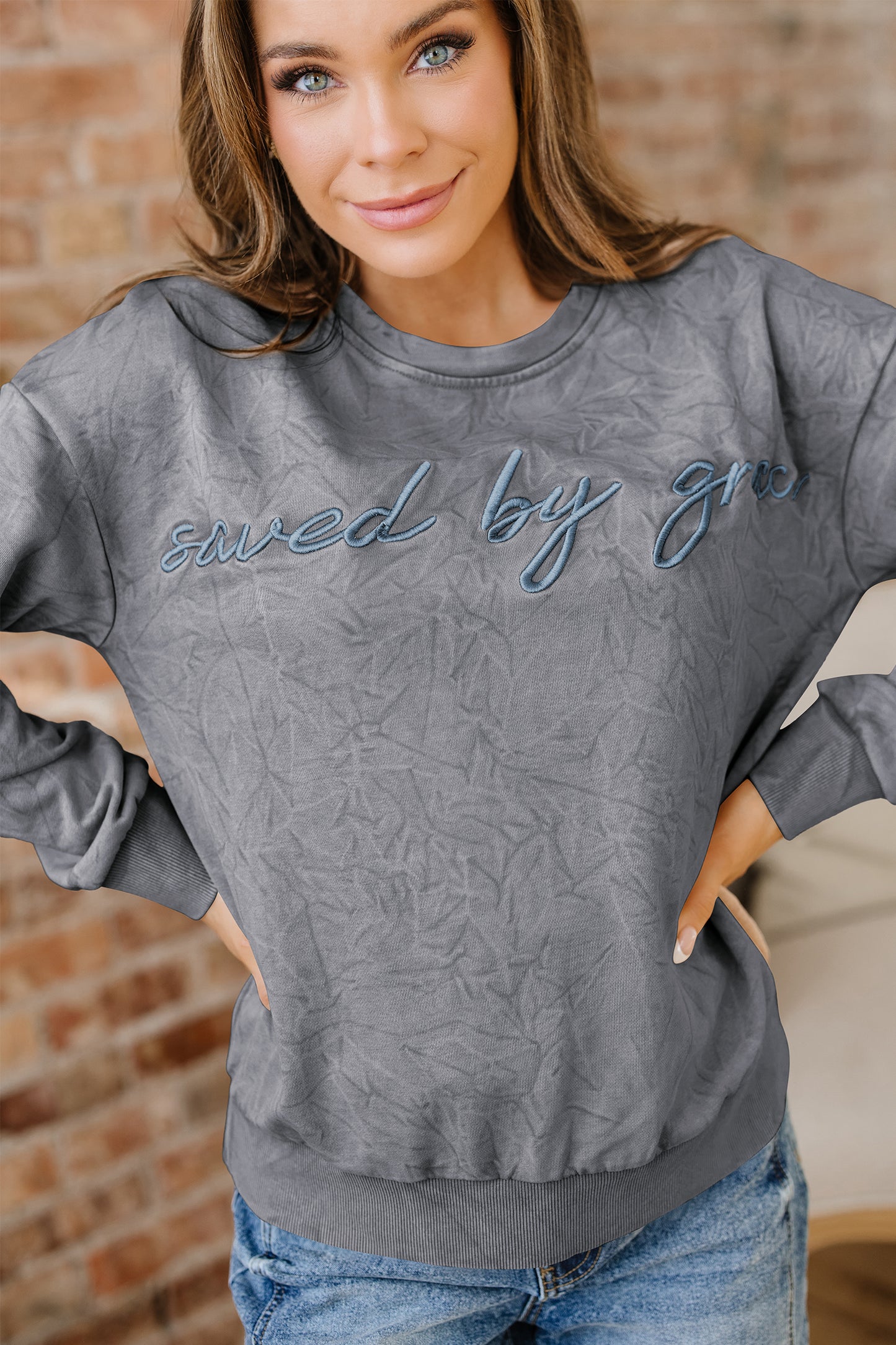 Saved by grace Letter Embroidery Mineral Wash Loose Sweatshirt