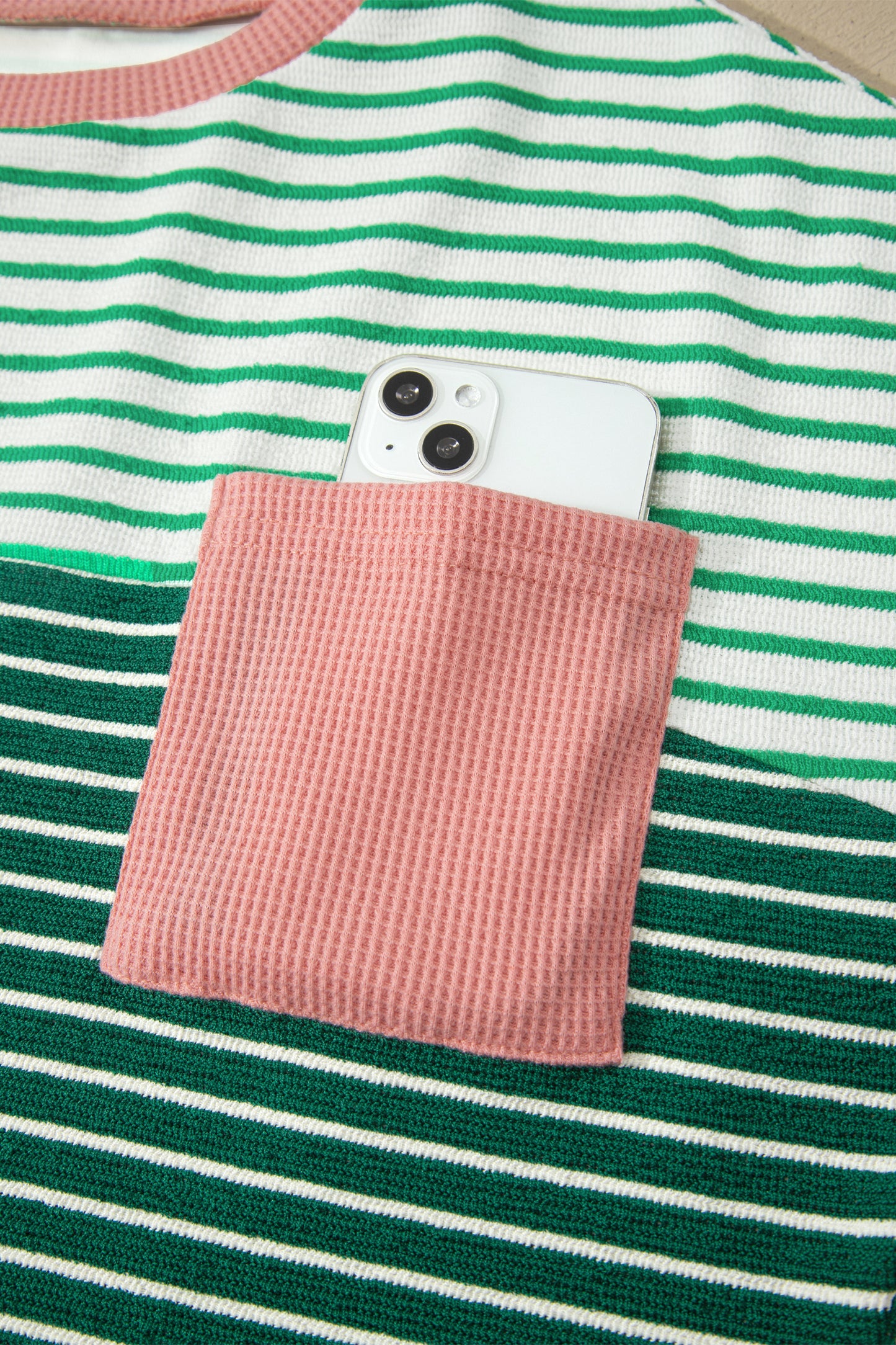 Striped Textured Tee Colorblock Pocket Casual Top