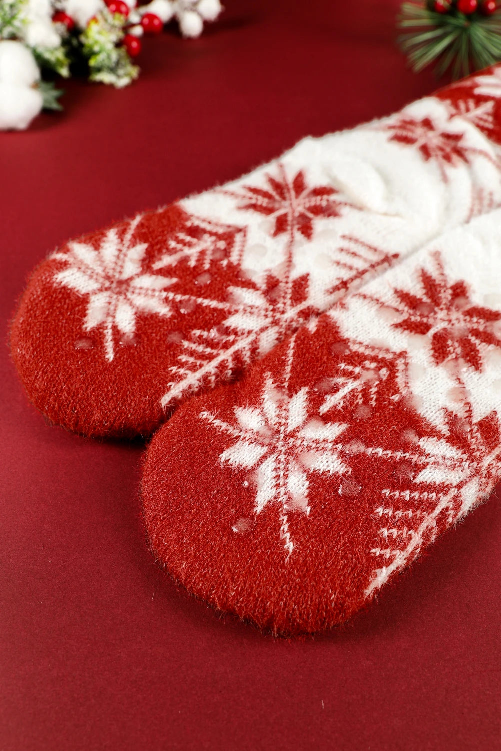 Fiery Red Christmas Snowflake Cozy Sherpa Lined Cabin Socks