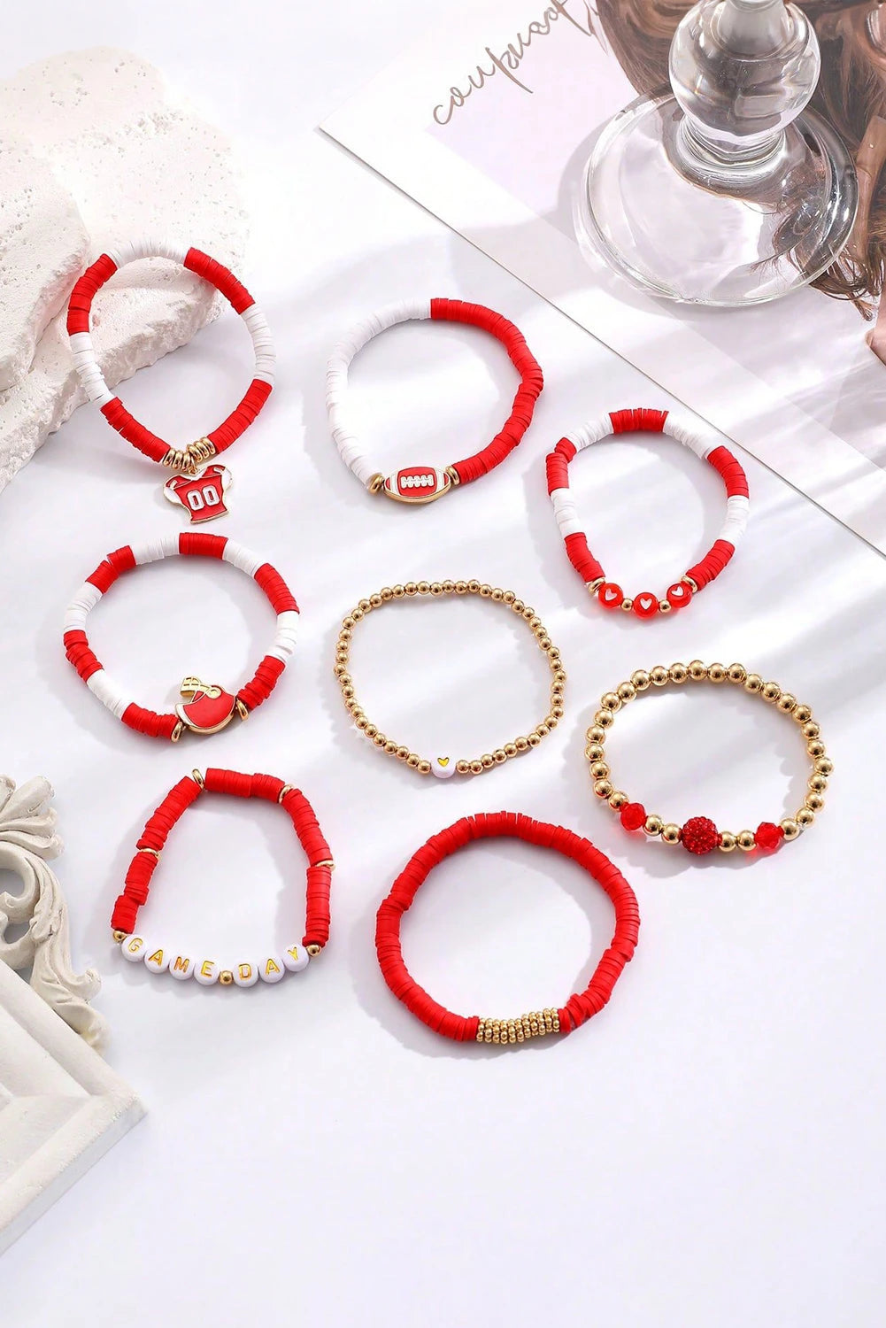 Fiery Red 8pcs Game Day Fashion Stackable Bracelet Set