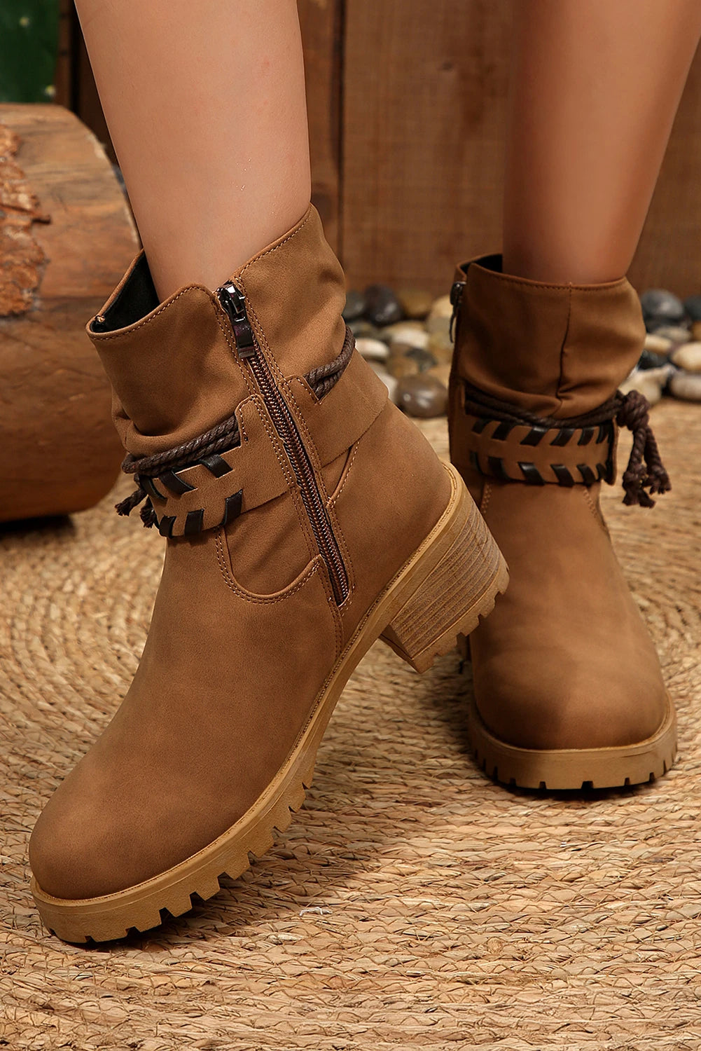 Chestnut Faux Suede Contrast Rope Detail Side Zip Boots