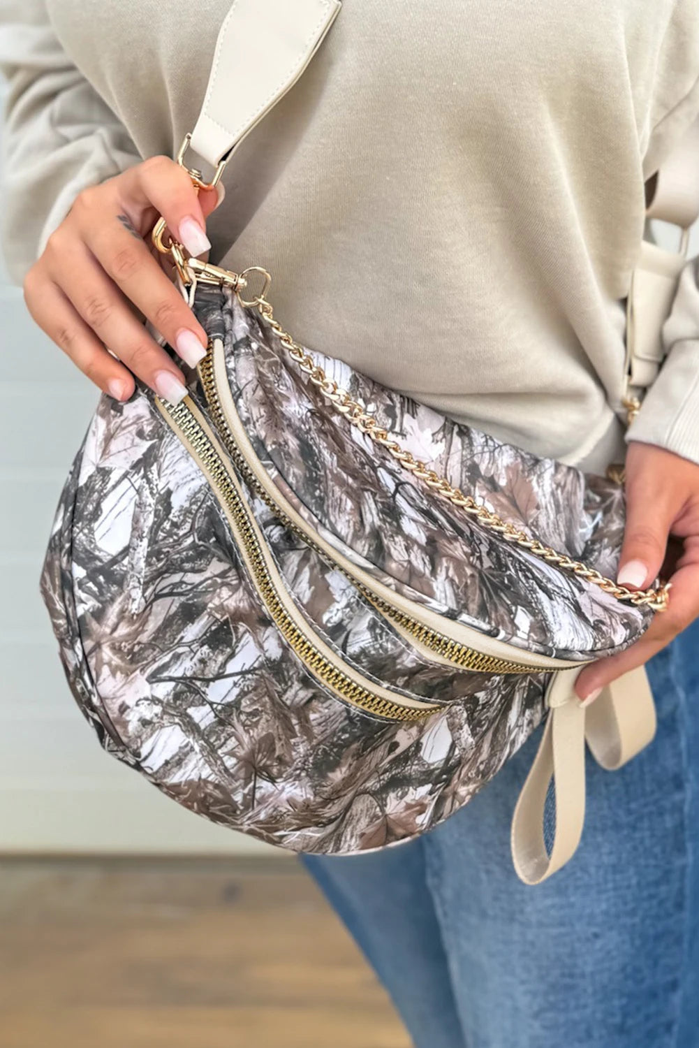 Print Gold Chain Strap Double Zipper Crossbody Bag
