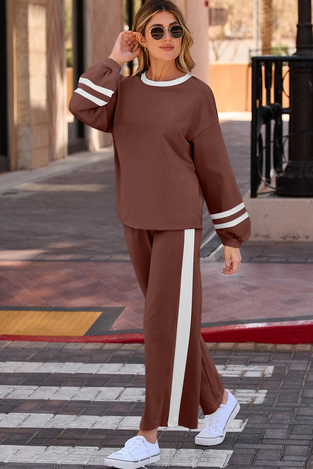 Blue Varsity Stripe Patchwork Puff Sleeve Pullover Drawstring Wide Leg Pant Set