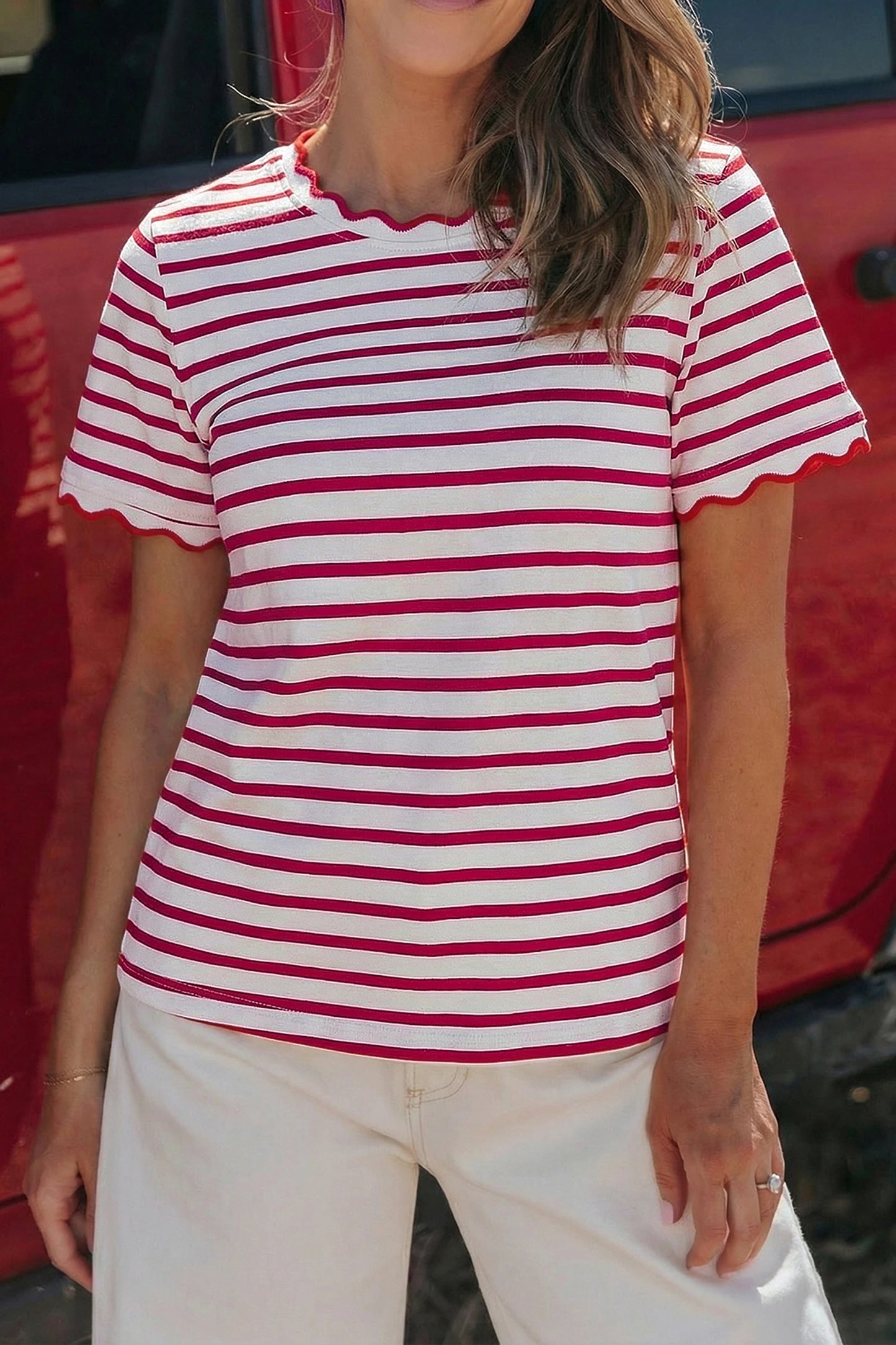 Stripe Scalloped Trim Round Neck T Shirt