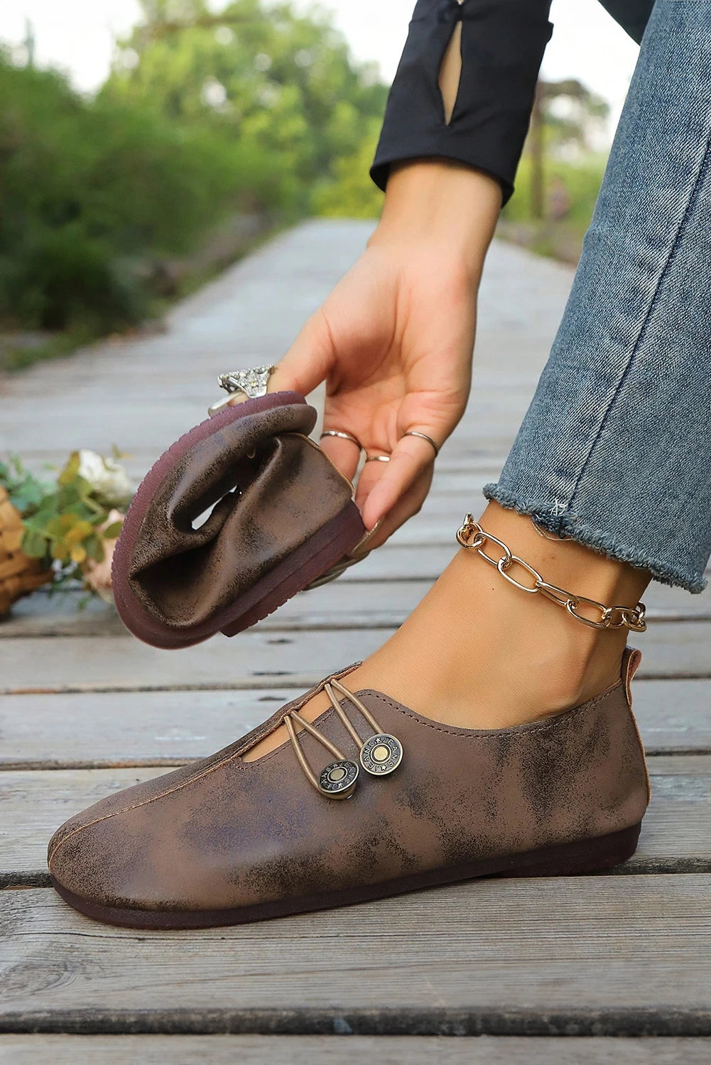 Coffee JEANS Button Detail Boho Vintage Faux Leather Loafer Shoes