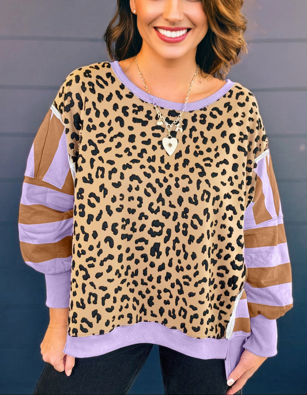 Purple Leopard Striped Patchwork Plus Size Loose Sweatshirt