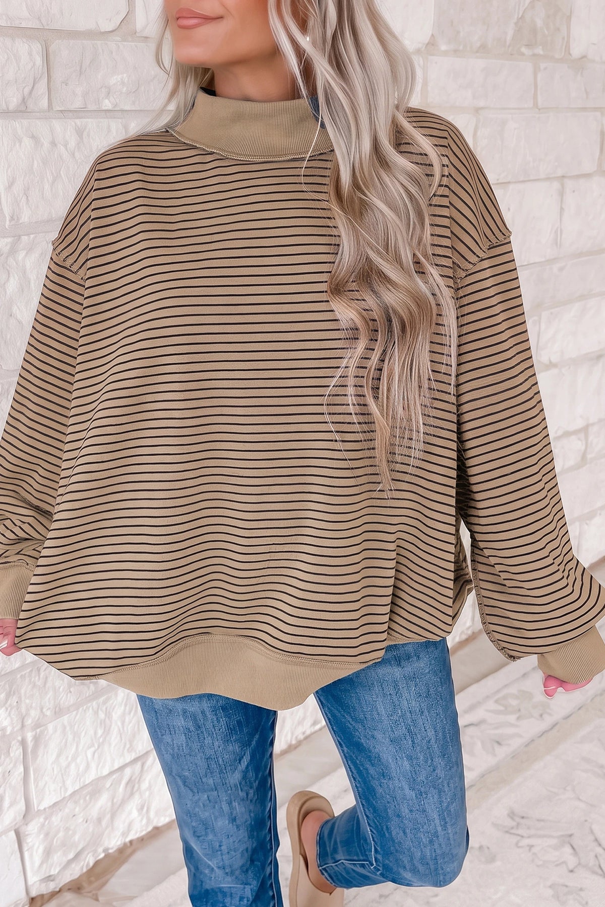 Green Stripe Ribbed Color Block Mock Neck Oversized Sweatshirt