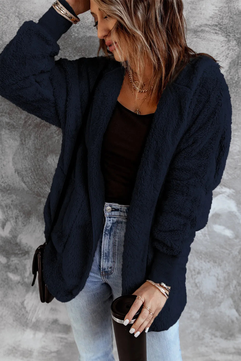 Blue Pink Soft Fleece Hooded Open Front Jacket