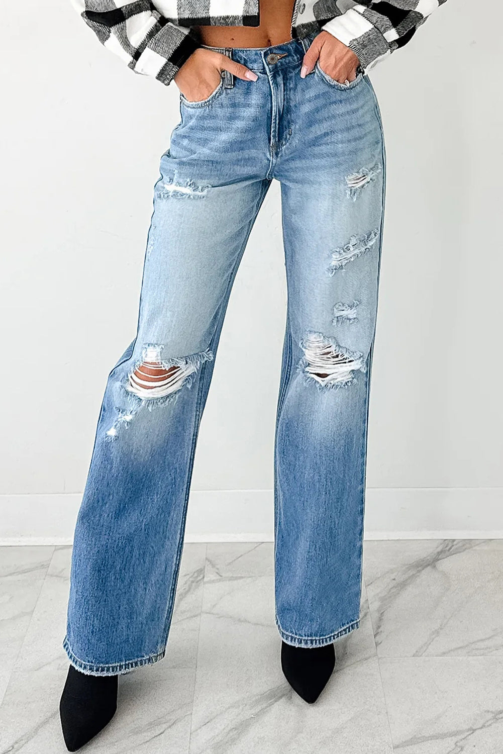 Myosotis Mid Rise Distressed Sneak Peek Straight Leg Jeans
