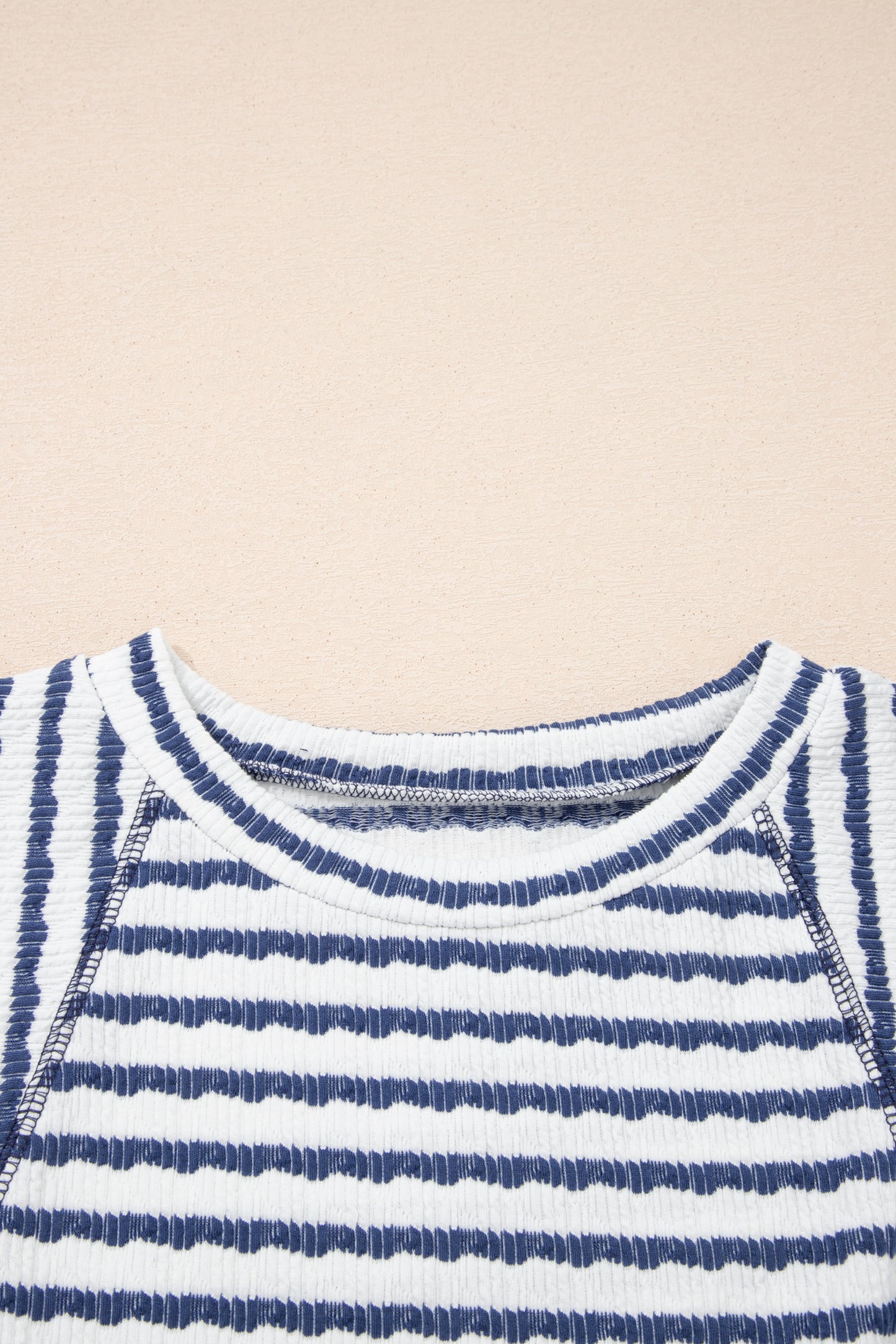 Apricot Stripe Textured Knit Split Hem Half Sleeve Loose Top