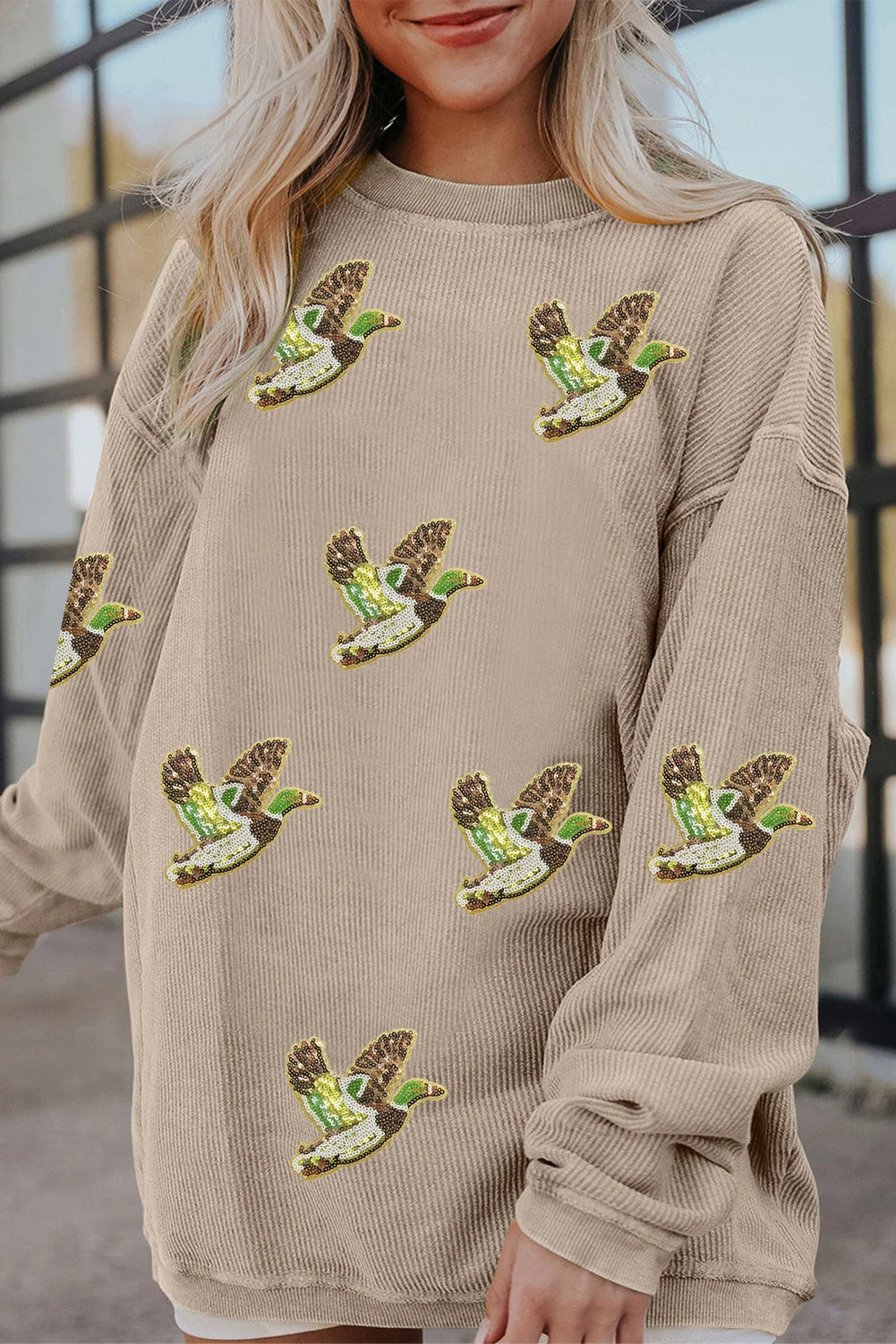 Sequined Bird Pattern Corded Thanksgiving Sweatshirt