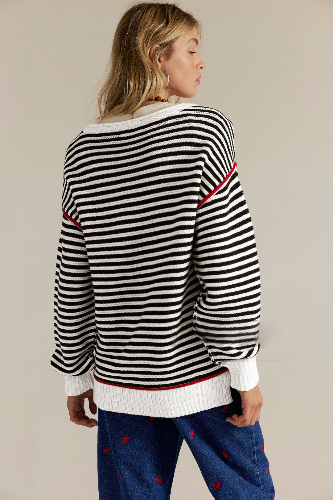 Striped Crewneck Knit Sweater | Loose Fit Pullover Top