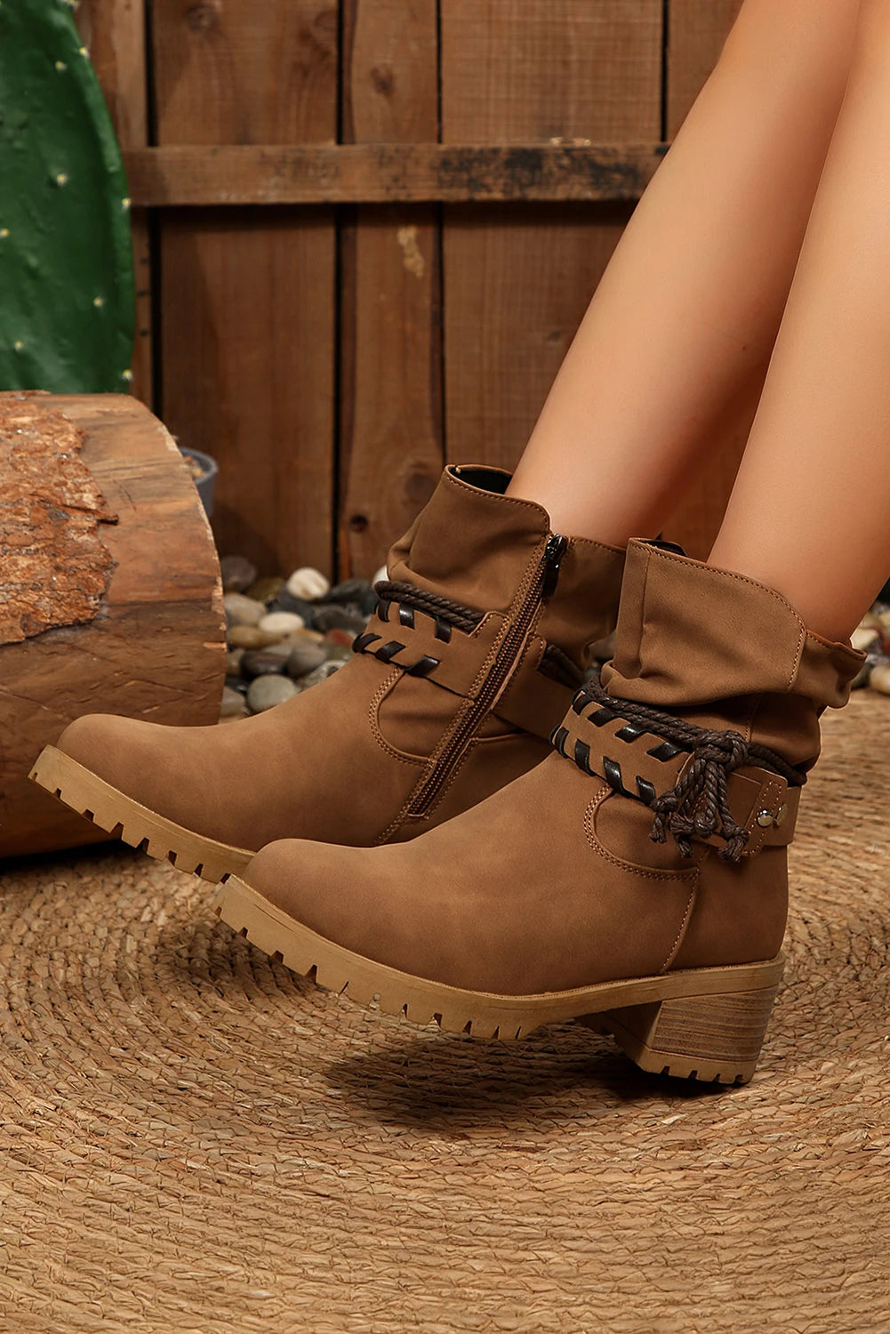 Chestnut Faux Suede Contrast Rope Detail Side Zip Boots