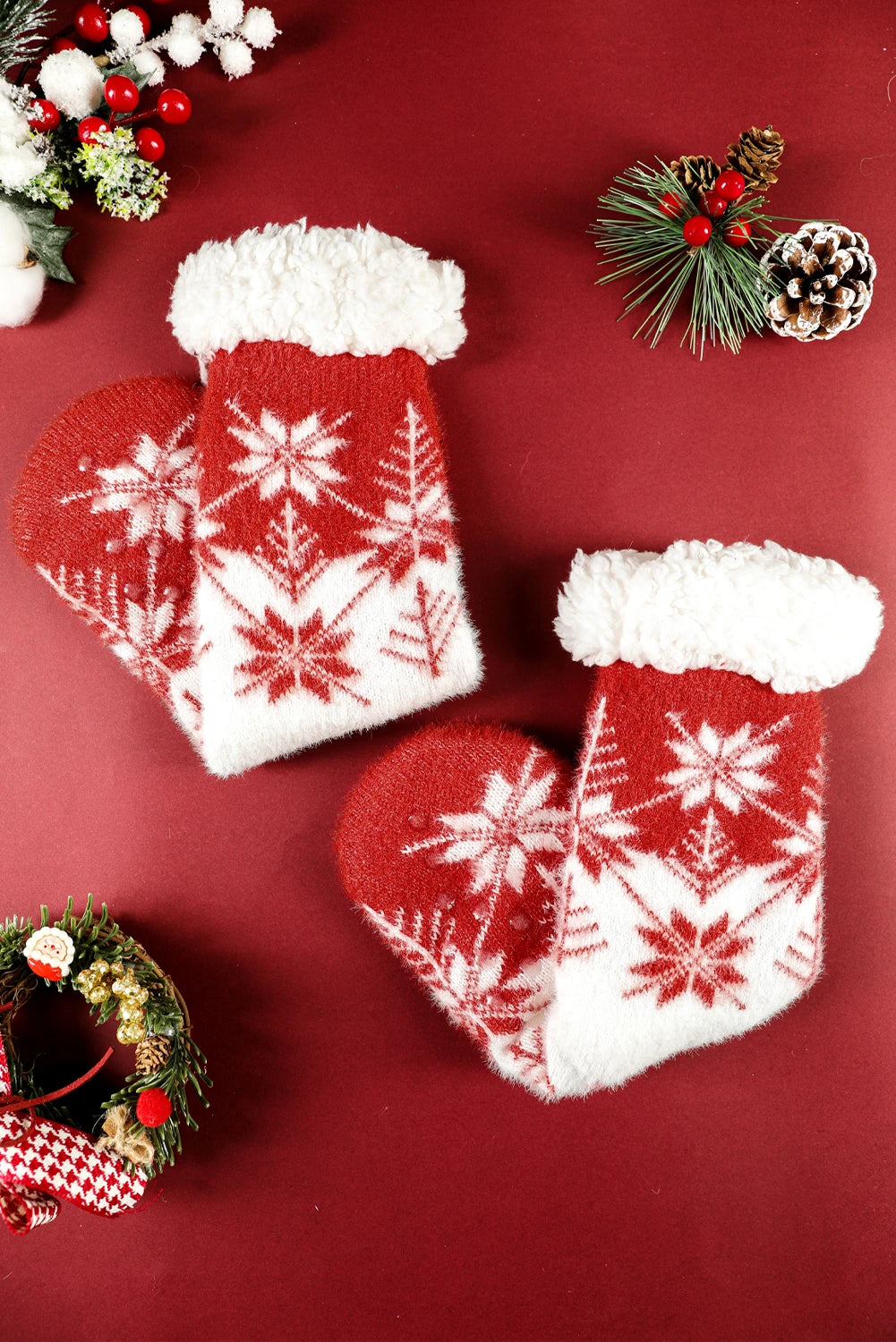 Fiery Red Christmas Snowflake Cozy Sherpa Lined Cabin Socks