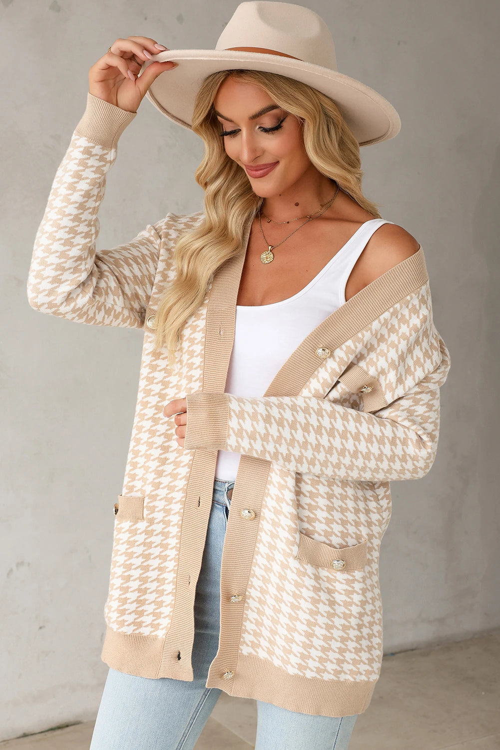 Khaki Contrast Edge Metal Button Slim Cardigan with Pockets