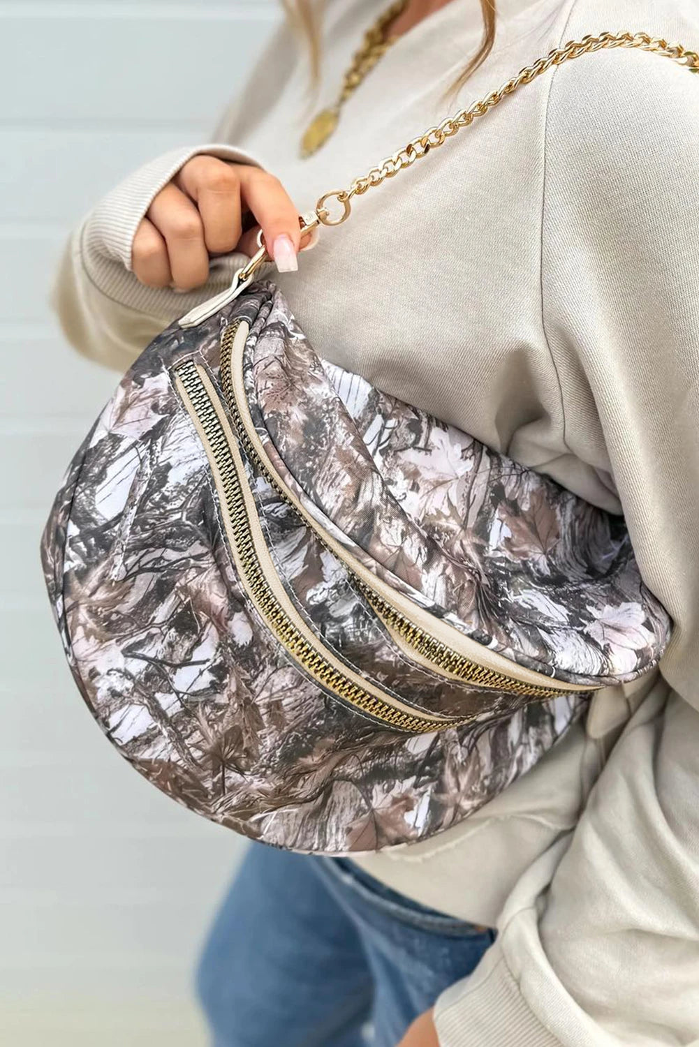 Print Gold Chain Strap Double Zipper Crossbody Bag