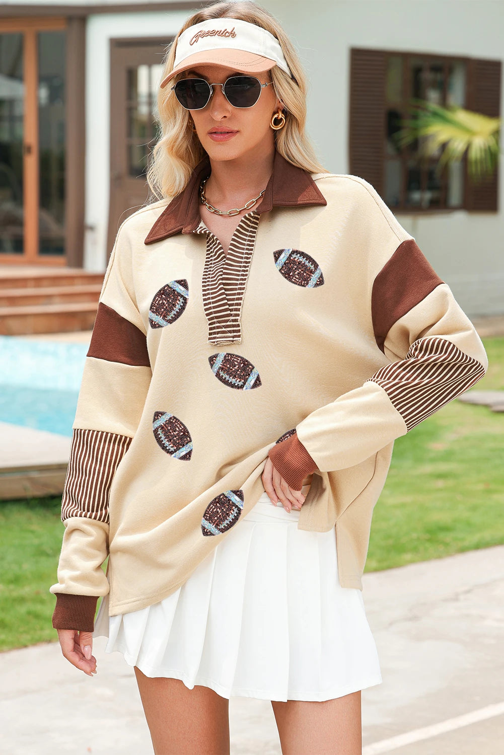 Light French Beige Color Block Striped Patchwork Sequin Rugby Graphic Polo Sweatshirt