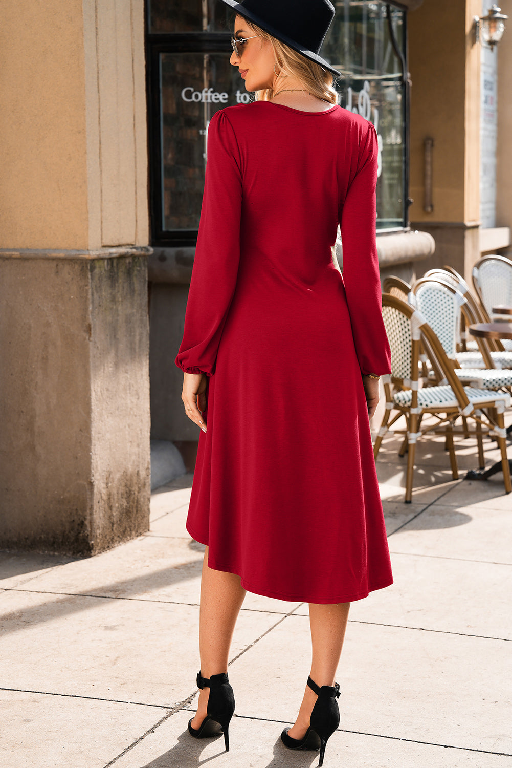 Solid Color Ruched Detail Long Sleeve Midi Dress