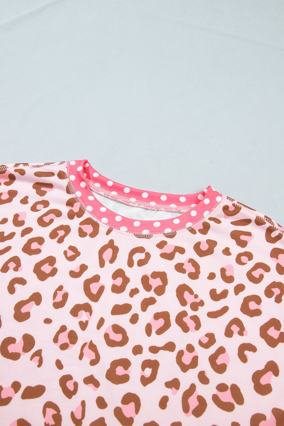 Pink Leopard Polka Dot Colorblock Trim Long Sleeve Top