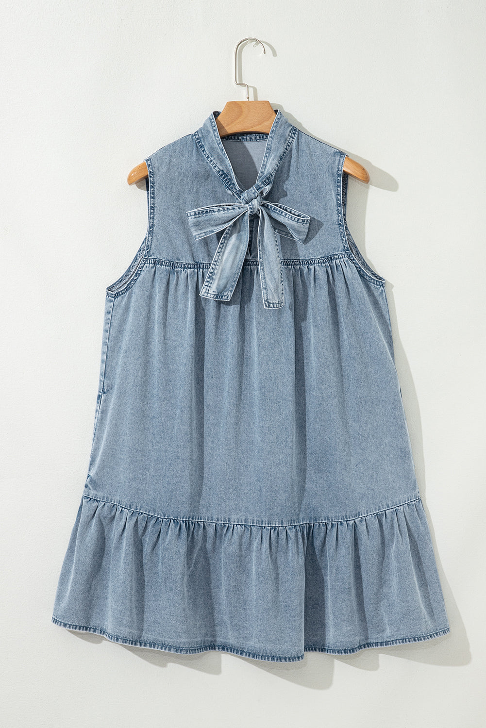 Beau Blue Bowknot Neck Sleeveless Ruffled Chambray Dress