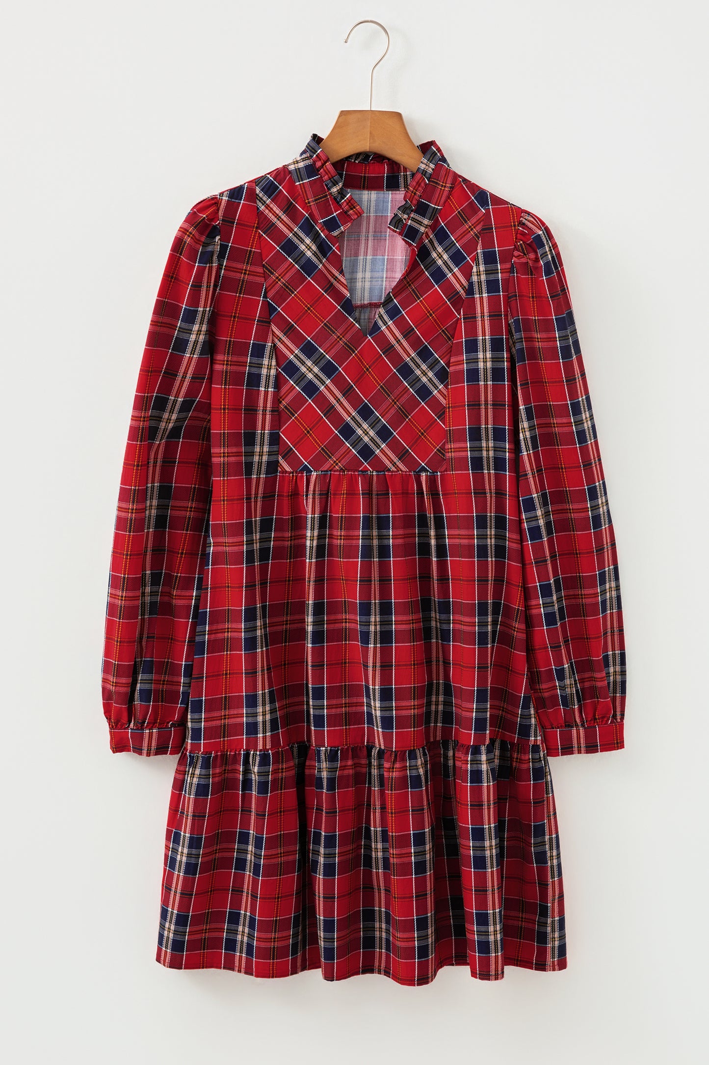 Green Plaid Print Frilly Collar Long Sleeve Shift Mini Dress