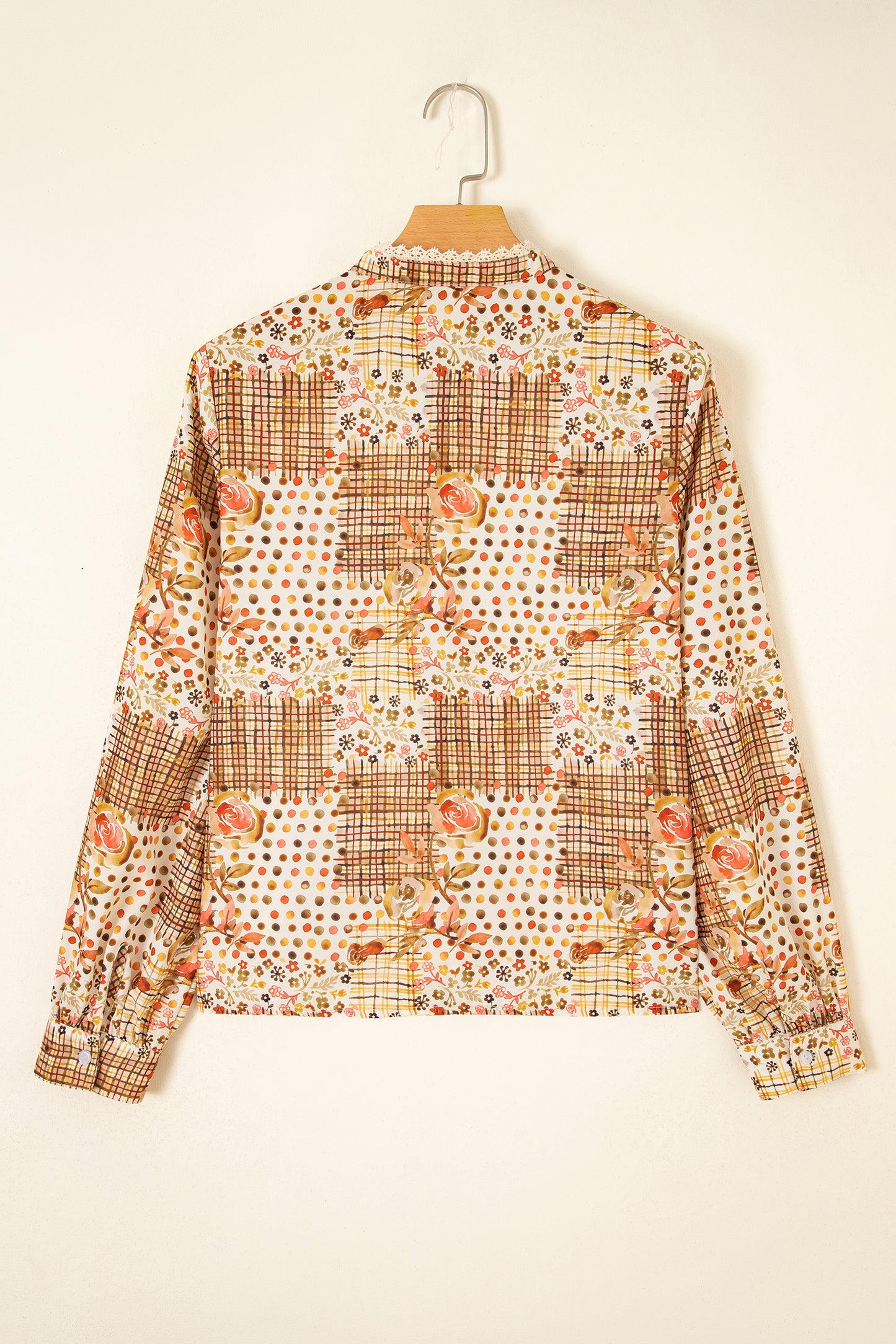 Brown Floral Lace Trim Button Down Long Sleeve Shirt