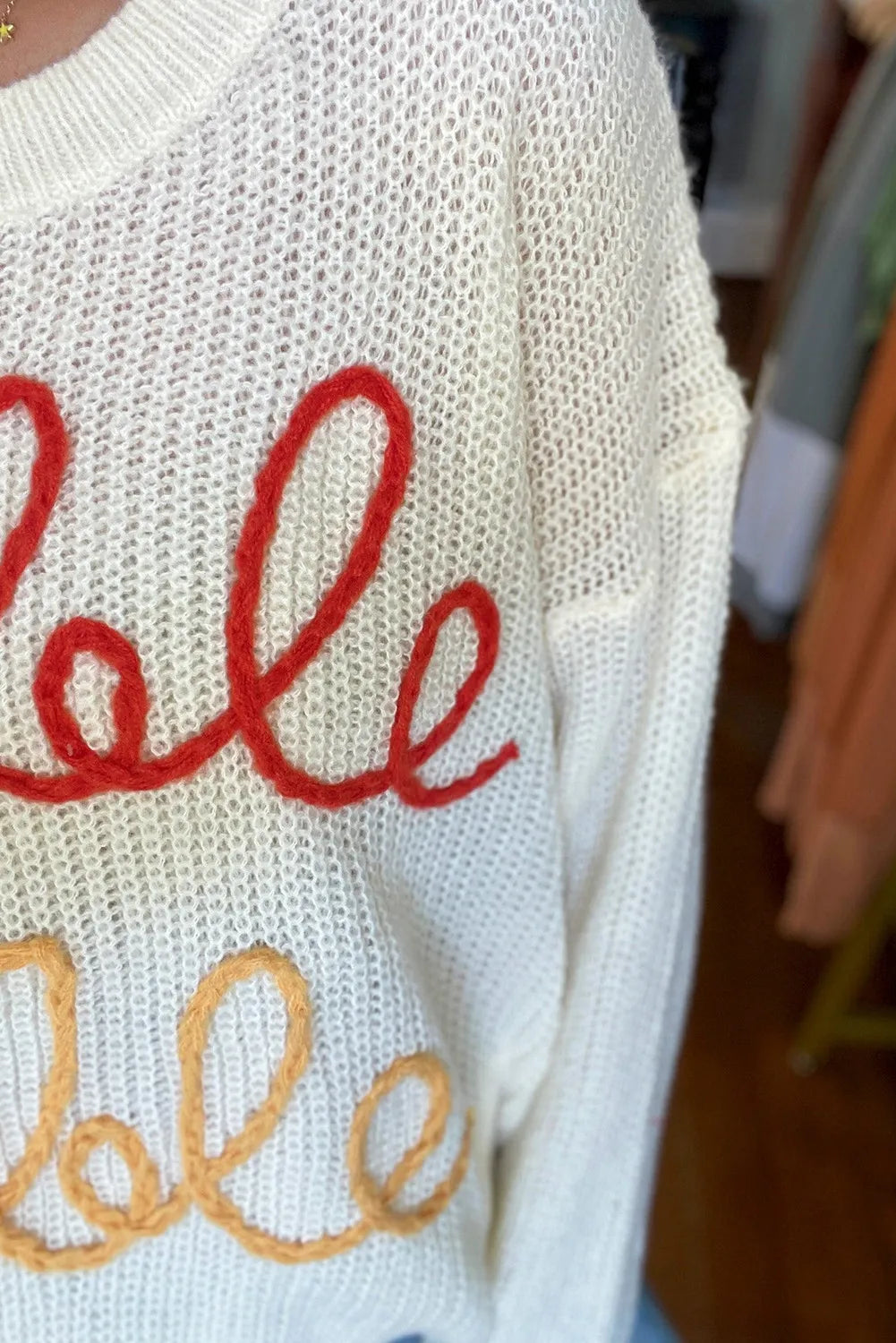 White Gobble Embroidered Graphic Thanksgiving Holiday Sweater