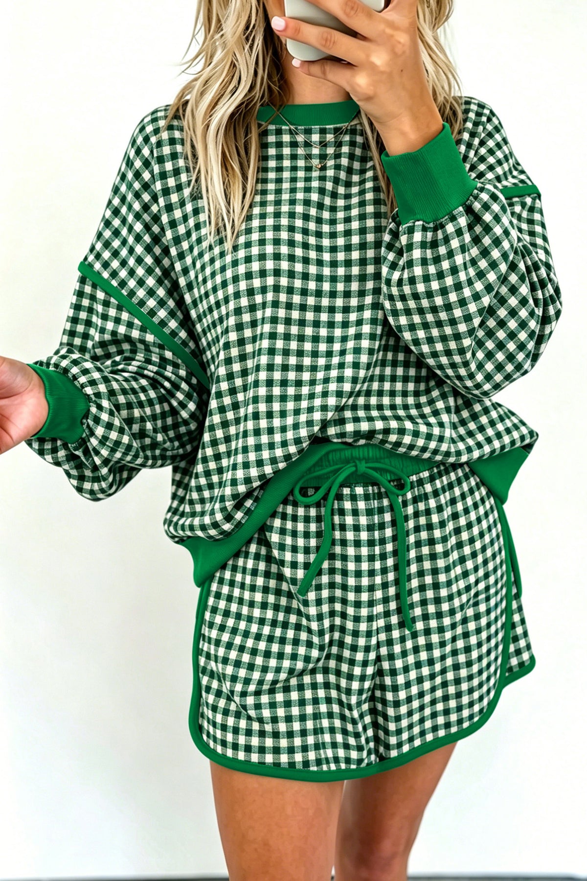 Red Gingham Oversized Ribbed Trim Crew Neck Long Sleeve Top and Skort Set