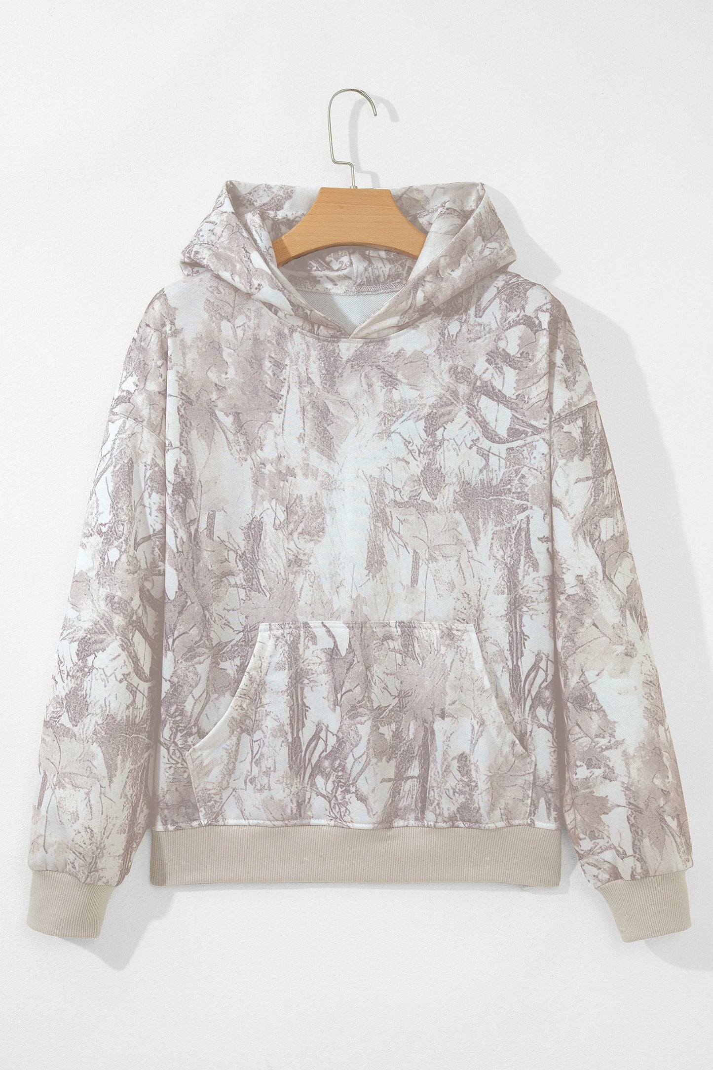 Gray Abstract Print Ribbed Cuffs Hem Long Sleeve Hoodie