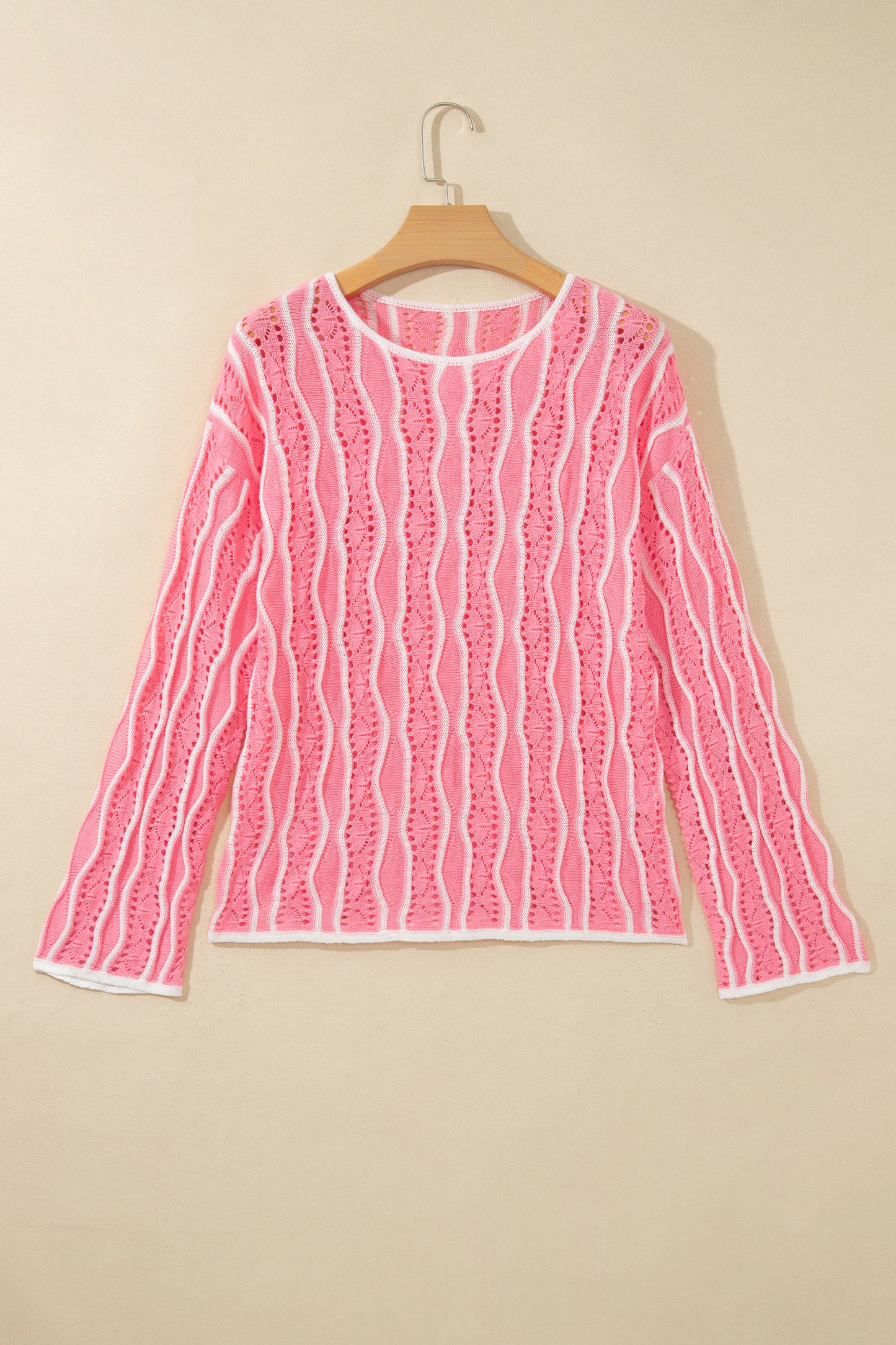 Pink Wavy Detail Hollow Out Knit Long Sleeve Cotton Pullover Sweater
