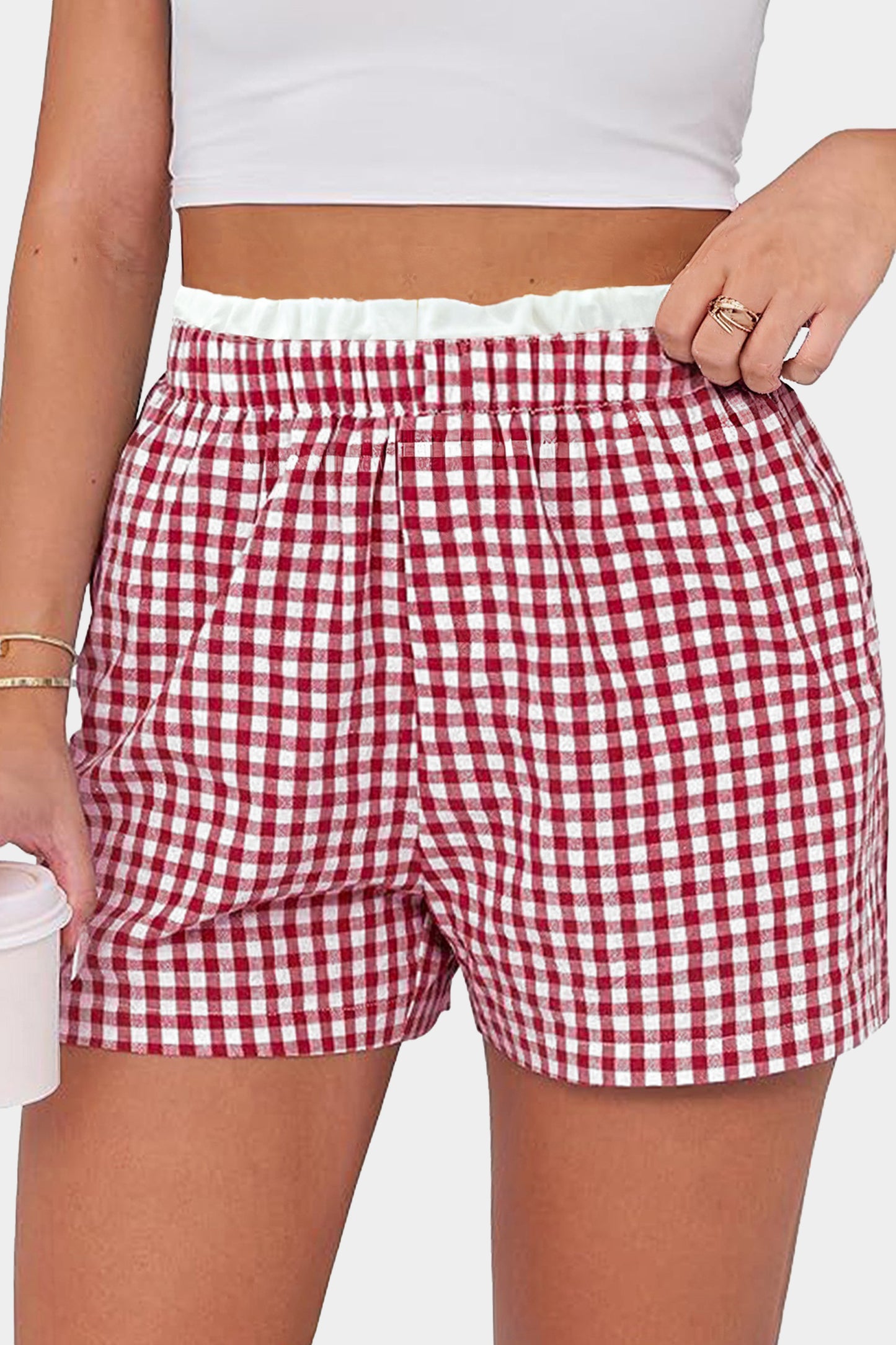 Red Contrast Trim Plaid Print Plus Size Shorts
