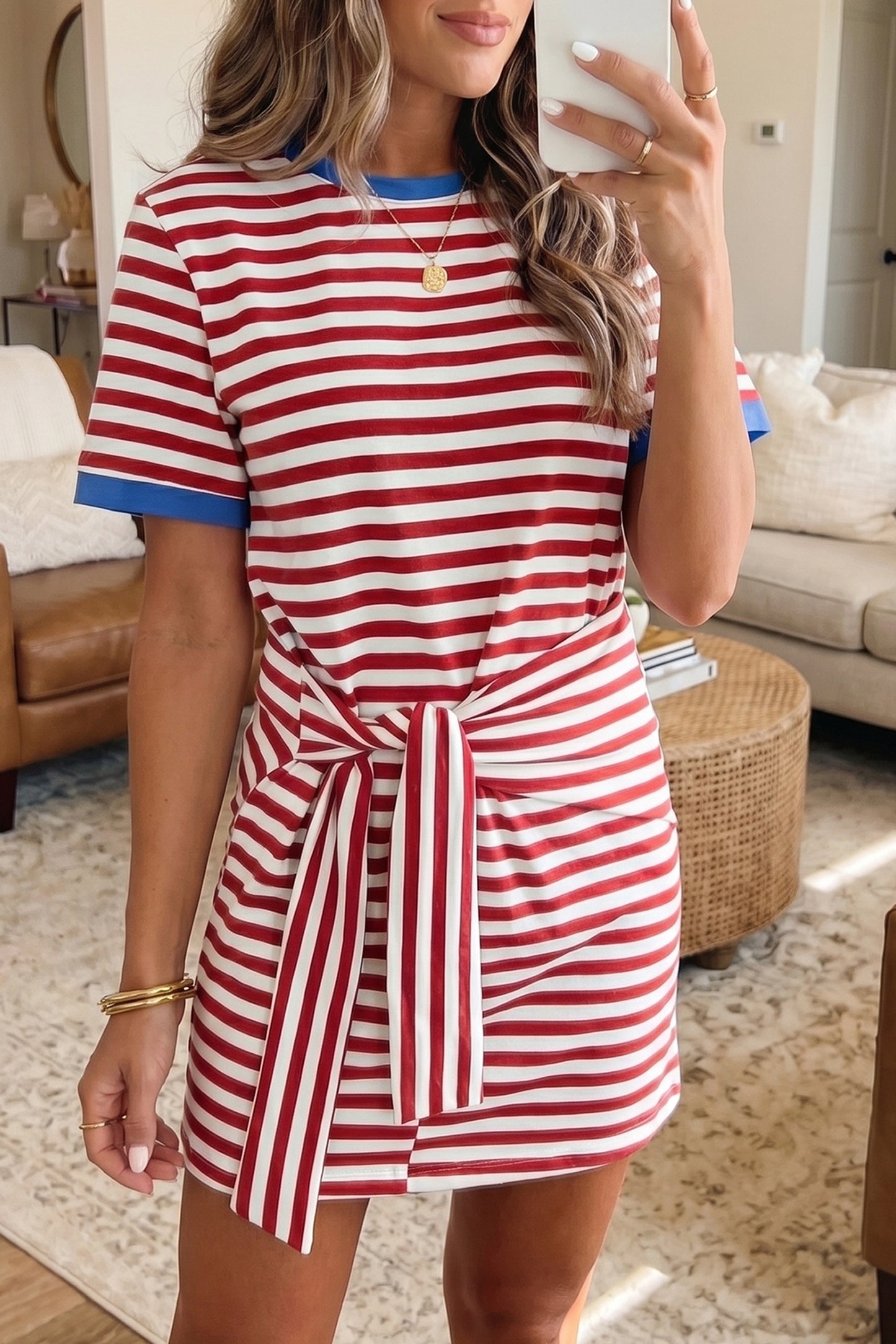 Striped Cotton Knot Front Tee Dress Casual Summer Shift Dress