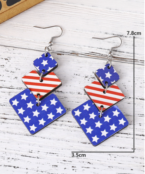 Dark Blue Geometric Wooden Star Stripe Flag Dangle Earrings