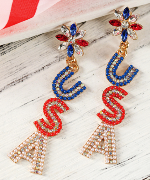 Fiery Red Beaded Rhinestone Colorblock USA Earrings