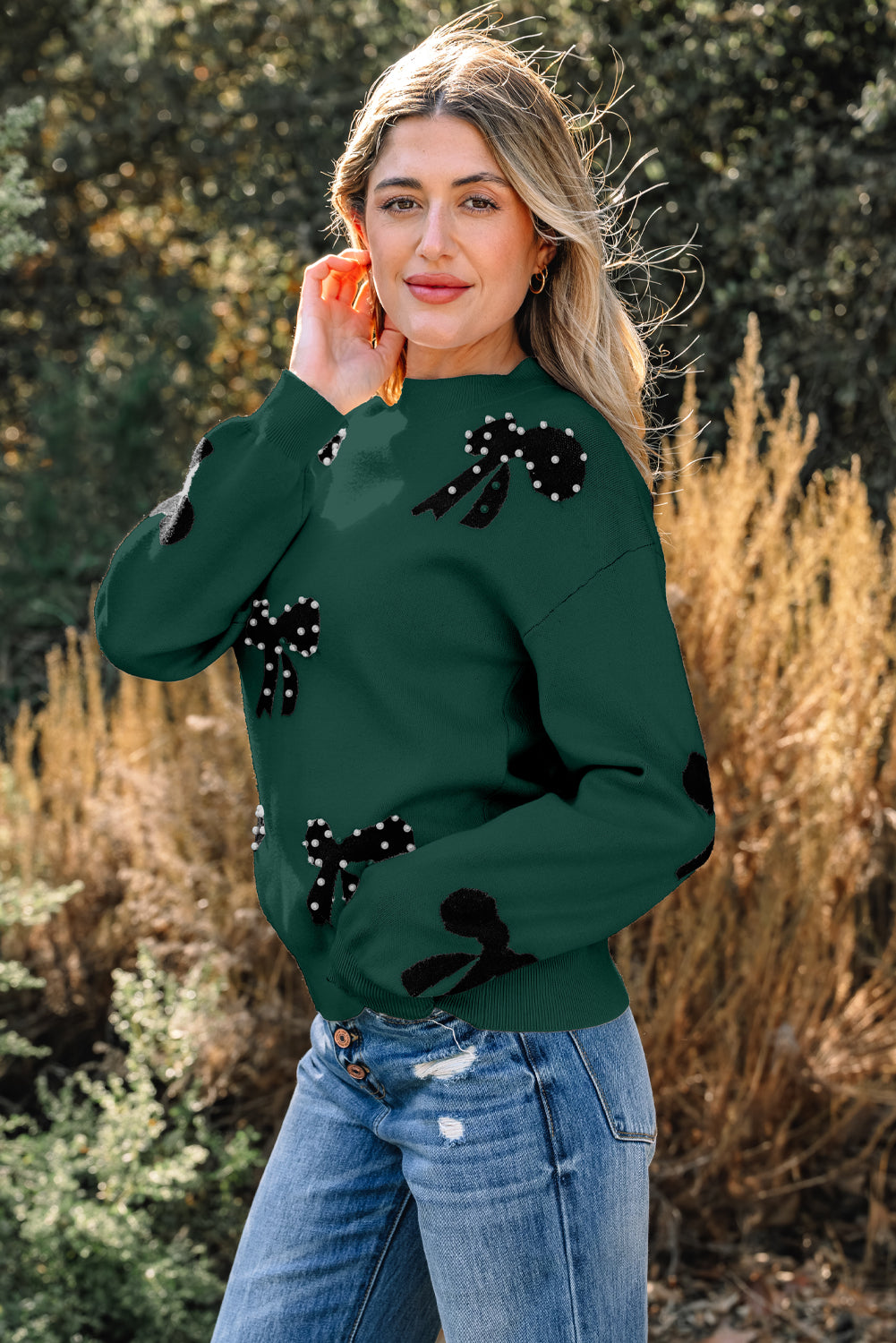 Pearl Embellished Bow Pattern Loose Sweater
