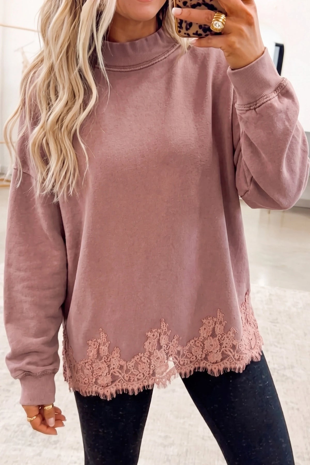 Racing Red Solid Color Lace Splicing Hem Mock Neck Pullover Sweatshirt