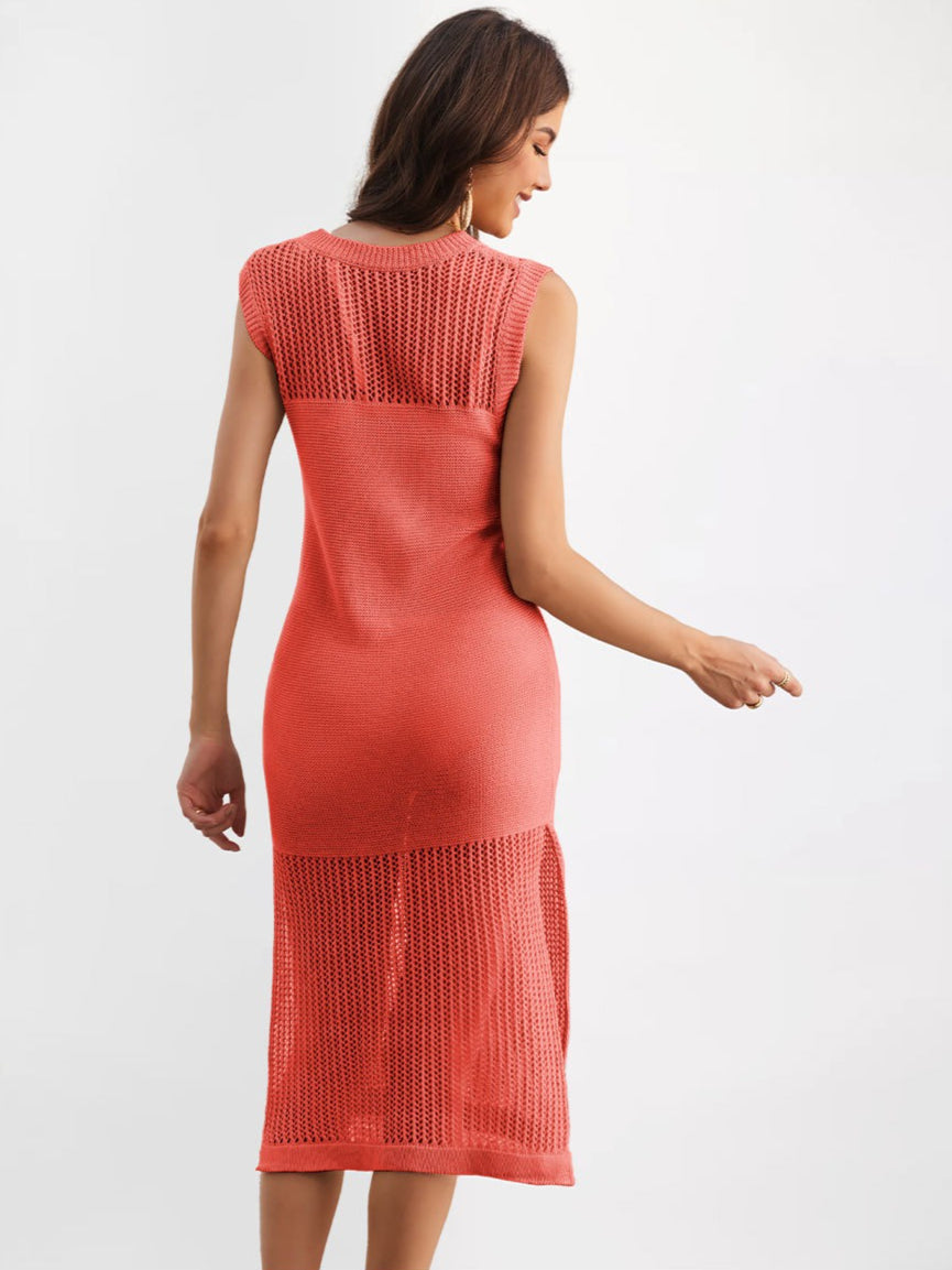 Sleeveless Knit Mesh Midi Dress Side Slit Resort