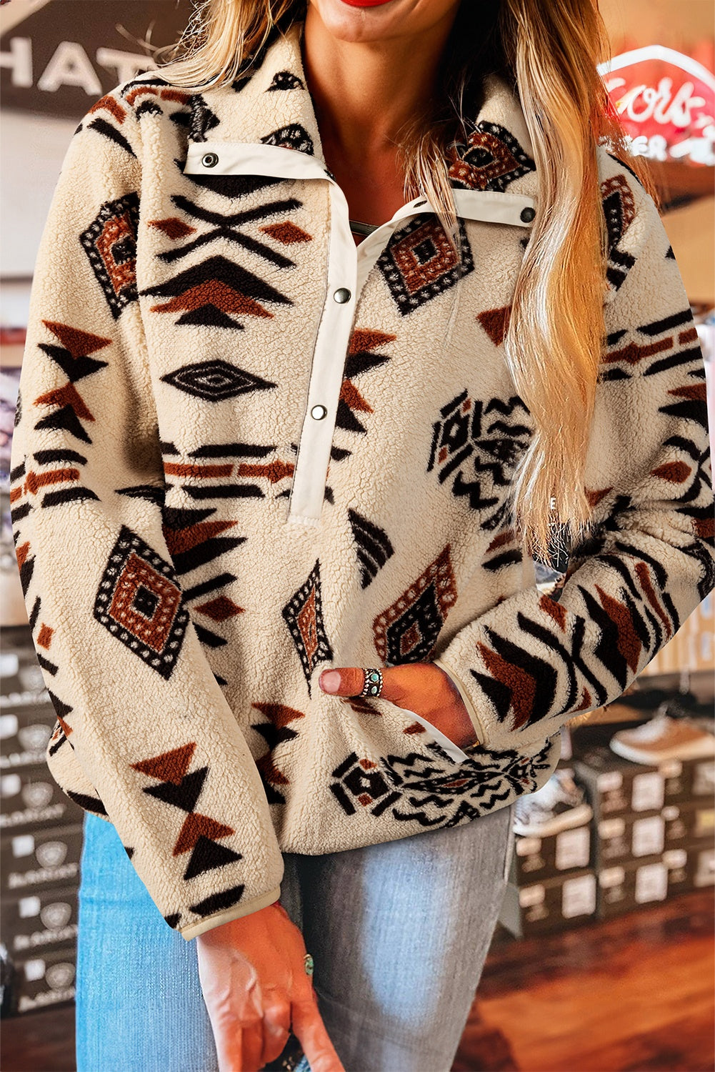 Black Western Aztec Half Zip Plush Sweatshirt