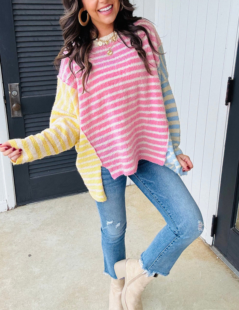 Multicolour Color Block Striped Patchwork Dolman Sleeve Slit Sweater