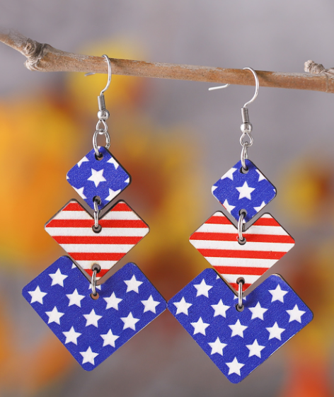 Dark Blue Geometric Wooden Star Stripe Flag Dangle Earrings