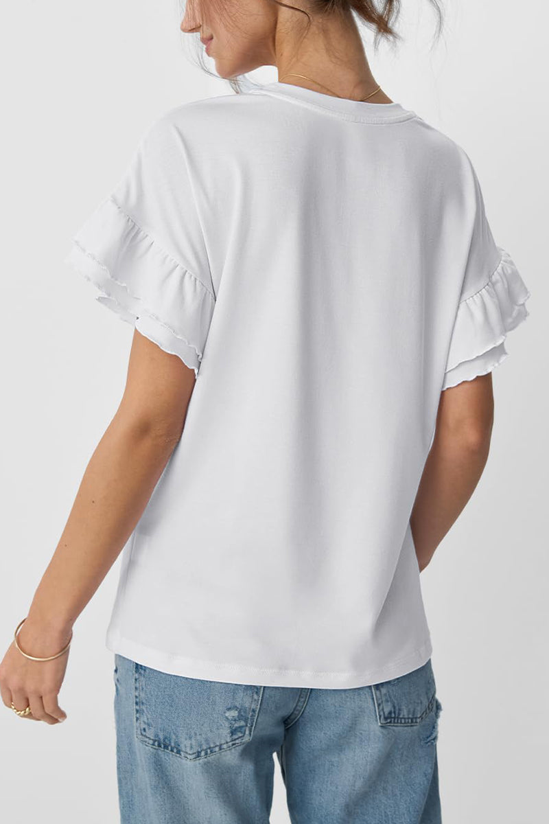 Patriotic Cotton Tee USA Graphic Ruffle Sleeve Top