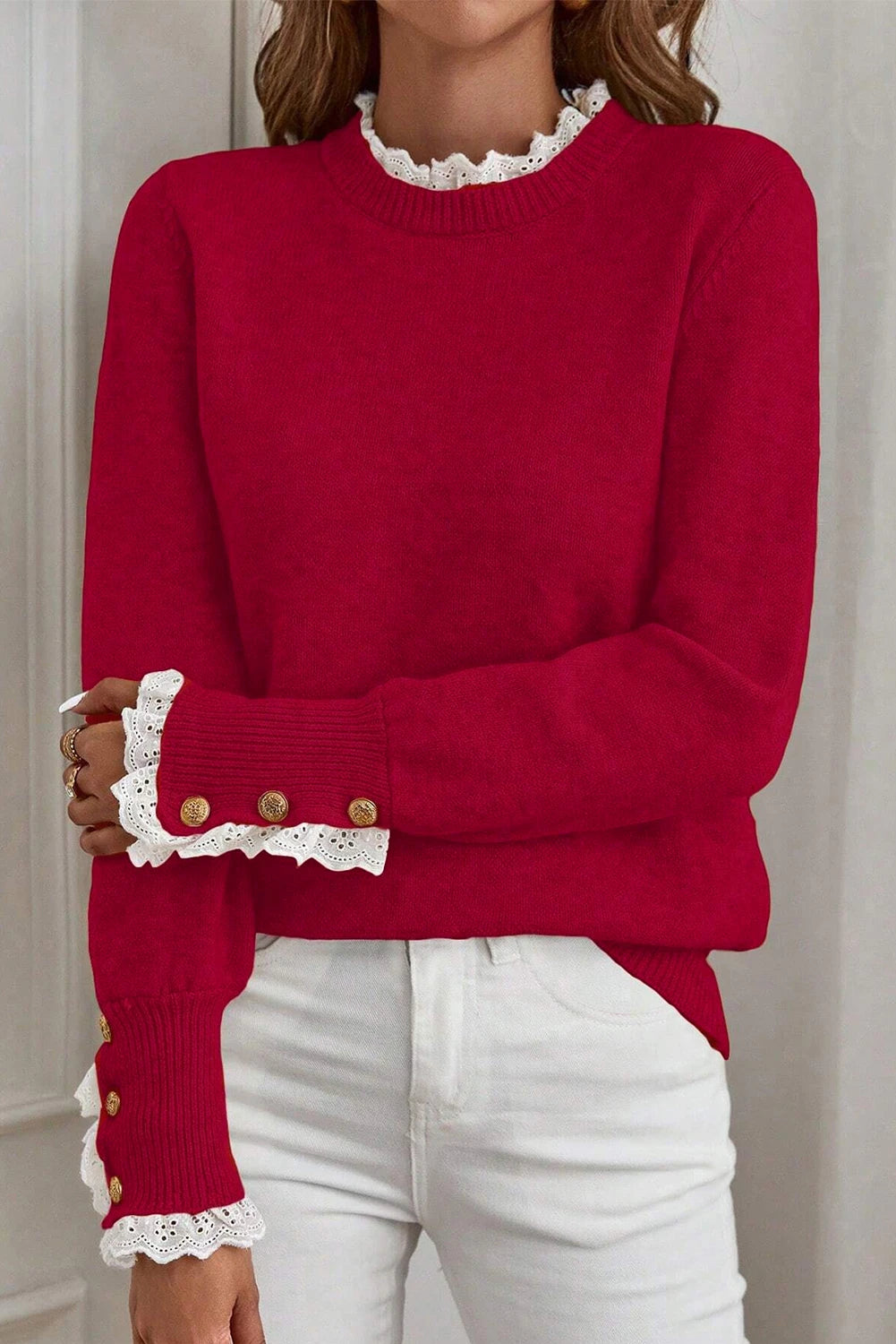 Jet Stream Lace Trim Patchwork Buttoned Cuffs Loose Sweater
