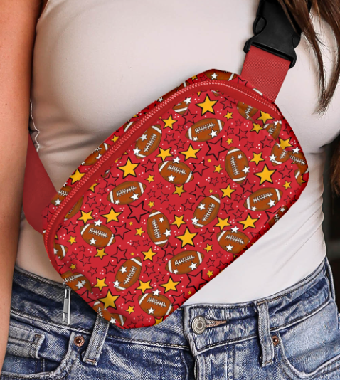 Fiery Red Rugby Football Star Printed Buckle Strap Crossbody Bag