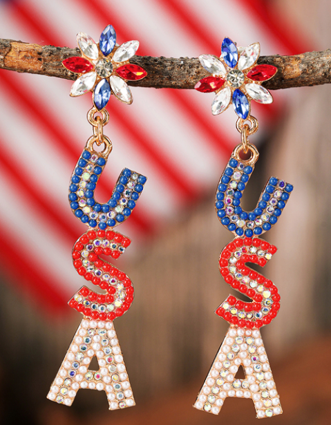 Fiery Red Beaded Rhinestone Colorblock USA Earrings